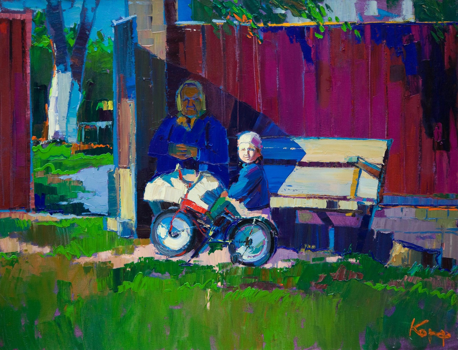 Oil painting Visiting the village by Natalia Korf-Ivaniuk: elderly woman and child on red tricycle
