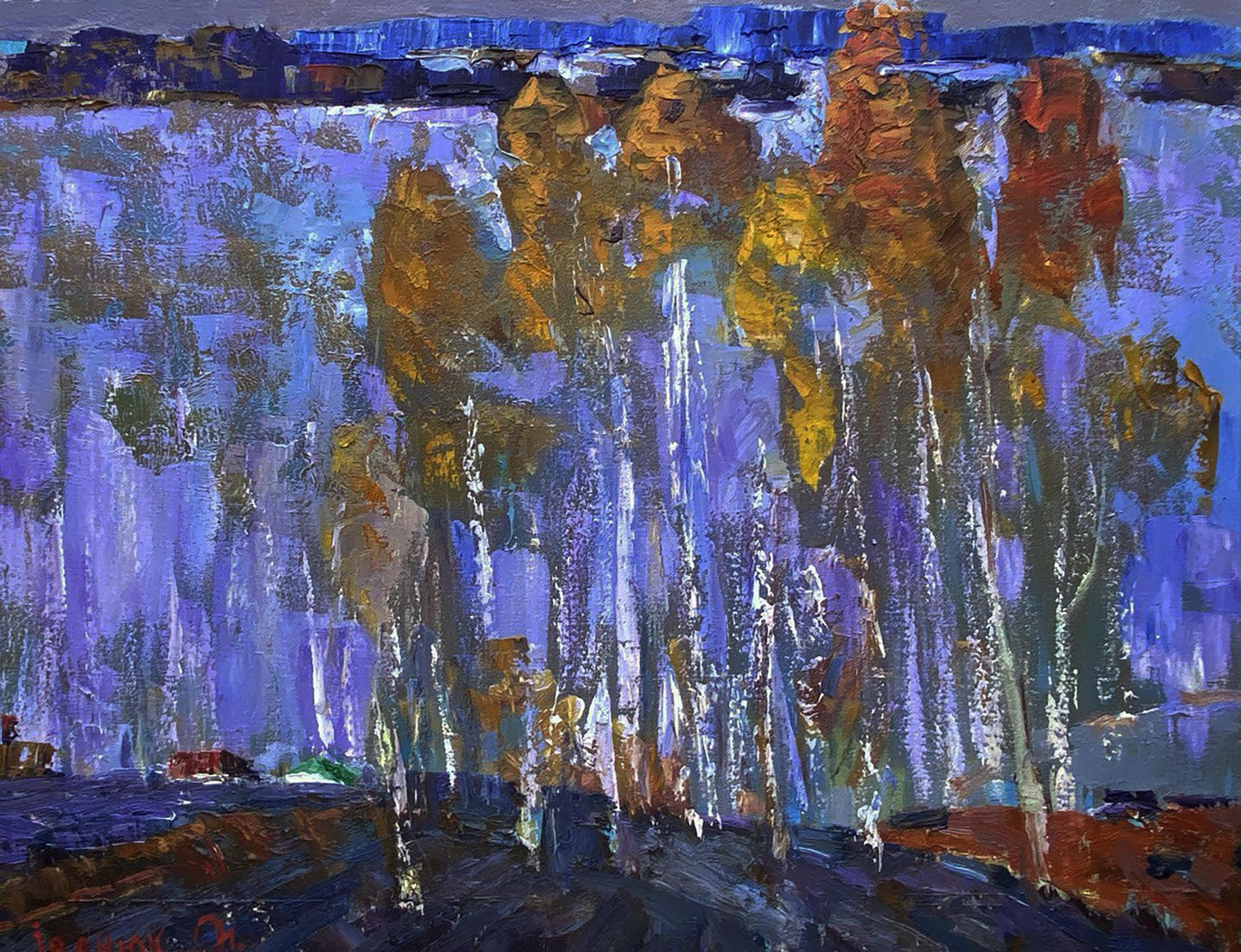 Oil painting Blue distance by Oleksiy Ivanyuk with purple blue gold strokes