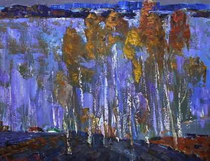 Oil painting Blue distance by Oleksiy Ivanyuk with purple blue gold strokes