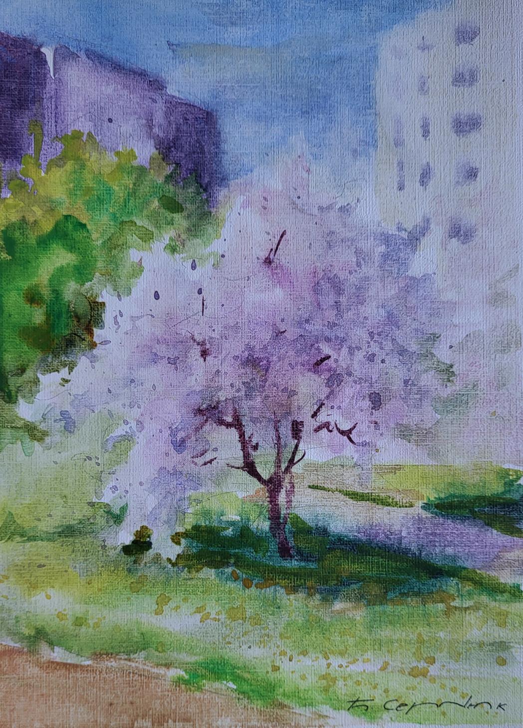 Watercolor painting Gentle April by Boris Serdyuk: blossoming tree with purple and white flowers