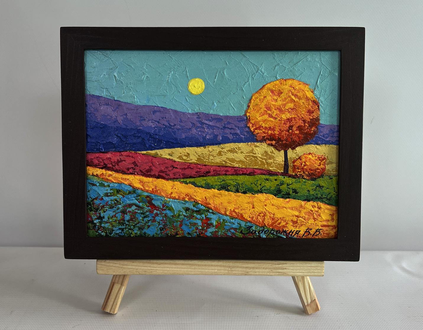 Vibrant oil painting by V. Zadorozhnya: purple gold hills, teal sky, flower fields in black frame