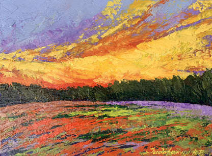 Vibrant impressionist oil painting Watching the sunset in the field by V. Zadorozhnya
