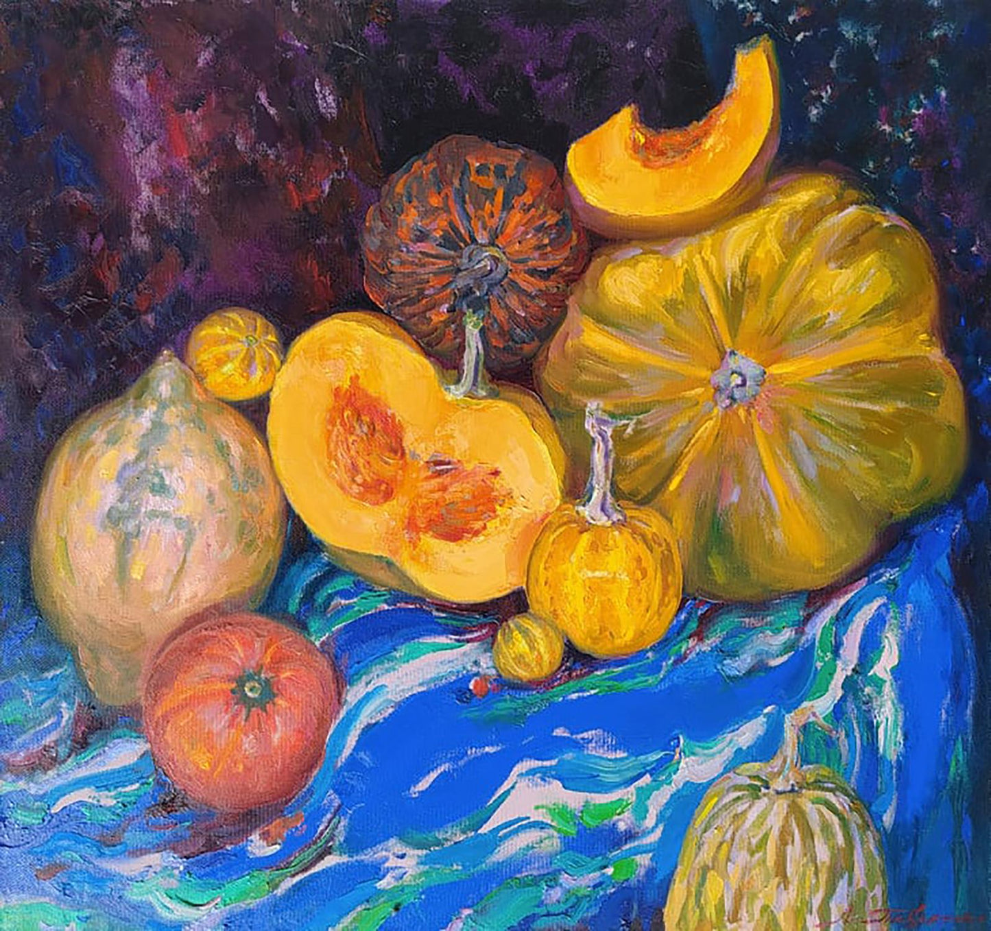 Oil painting of vibrant yellow ribbed squash with orange flesh by Leonid Pavlenko