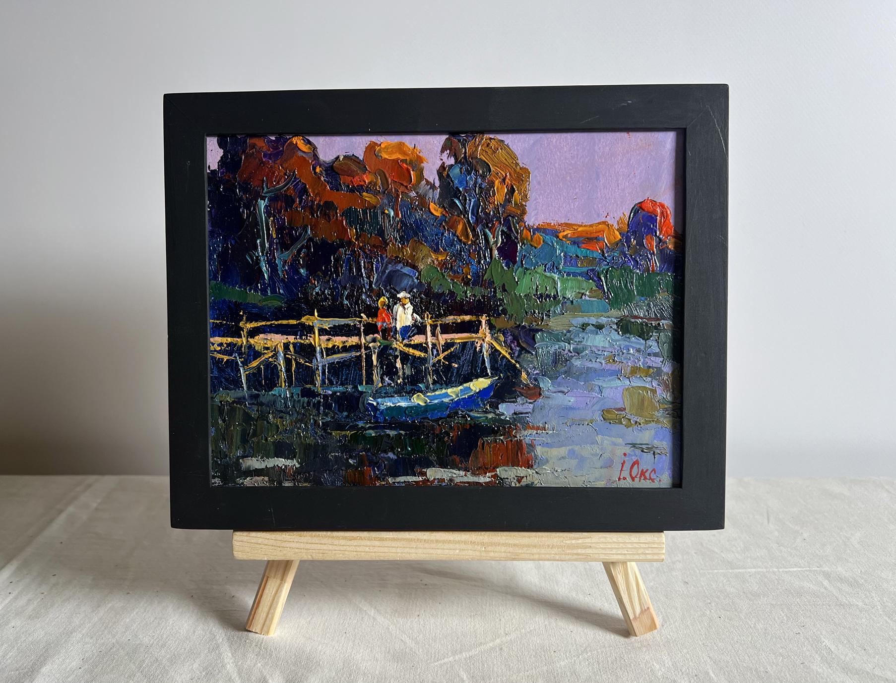 Oil painting of people on pier by Oksana Ivanyuk in black frame