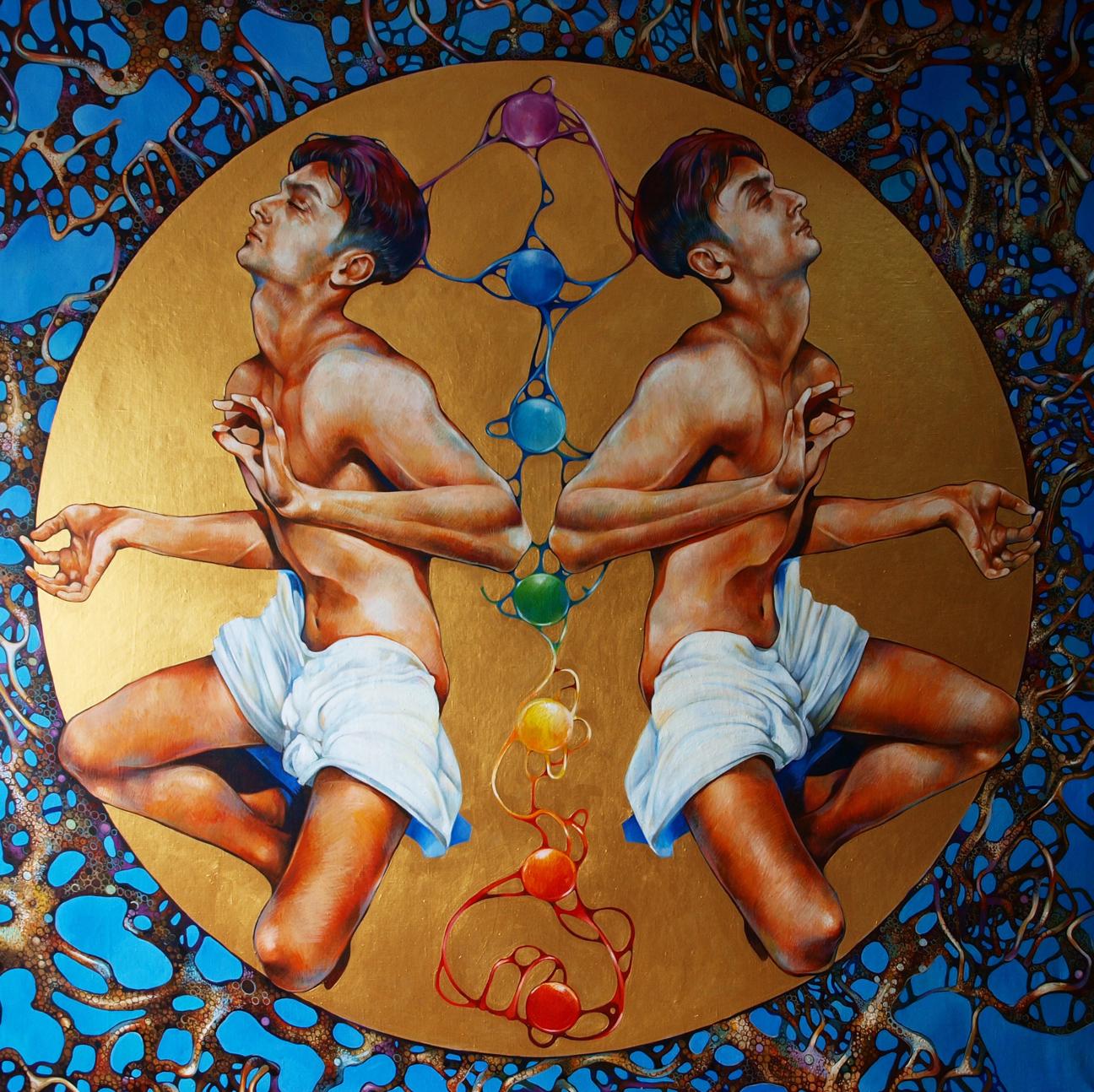 Oil painting Merger of two moons by Konsta G. Amelinn, surreal mirrored figures