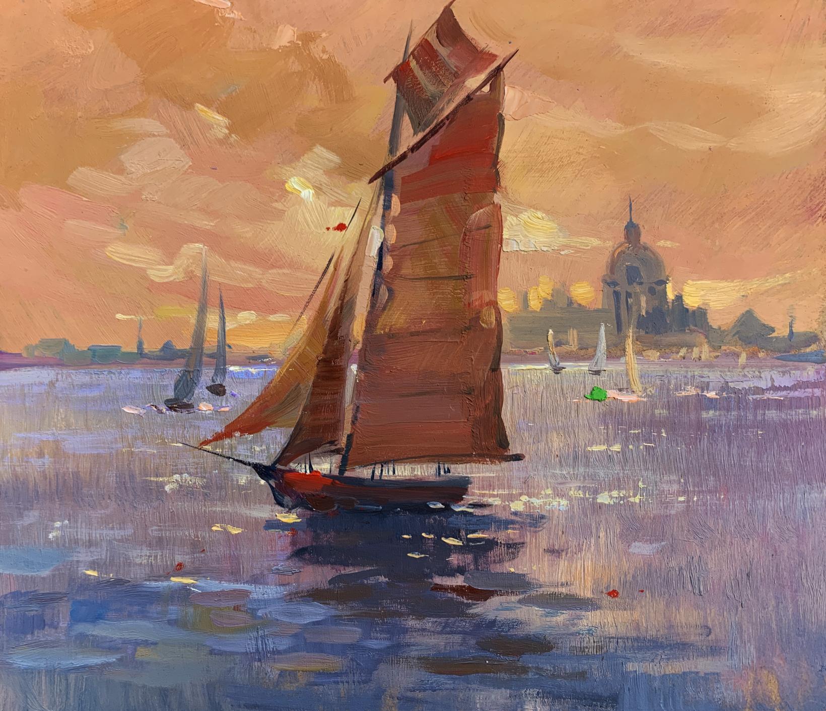 Oil painting by Yuriy Suprunchuk: evening sailboat with reddish-brown sails at sea