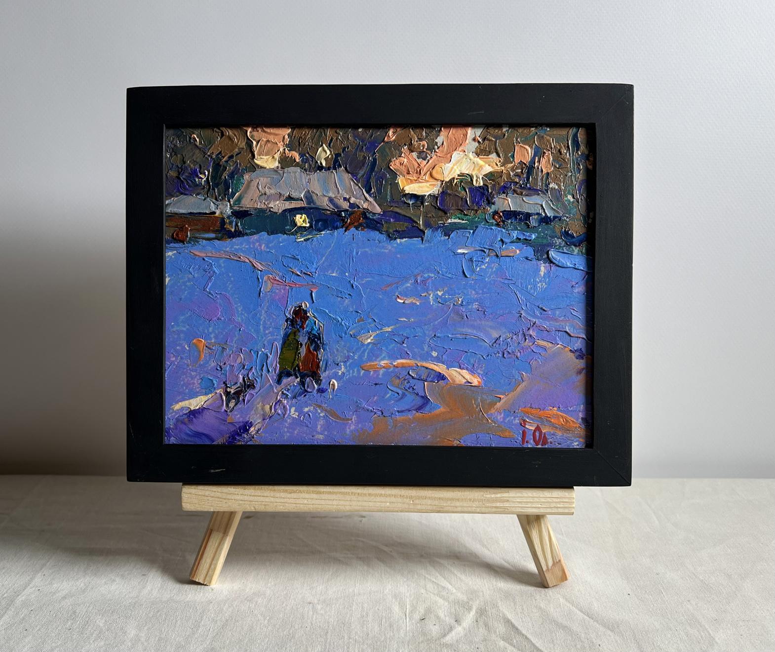 Oil painting Walk on a winter evening by Oleksiy Ivanyuk in black frame