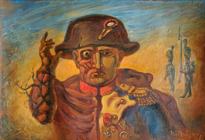 Oil painting of Napoleon by Daniil Litvinov, soldier in brown hat and medals