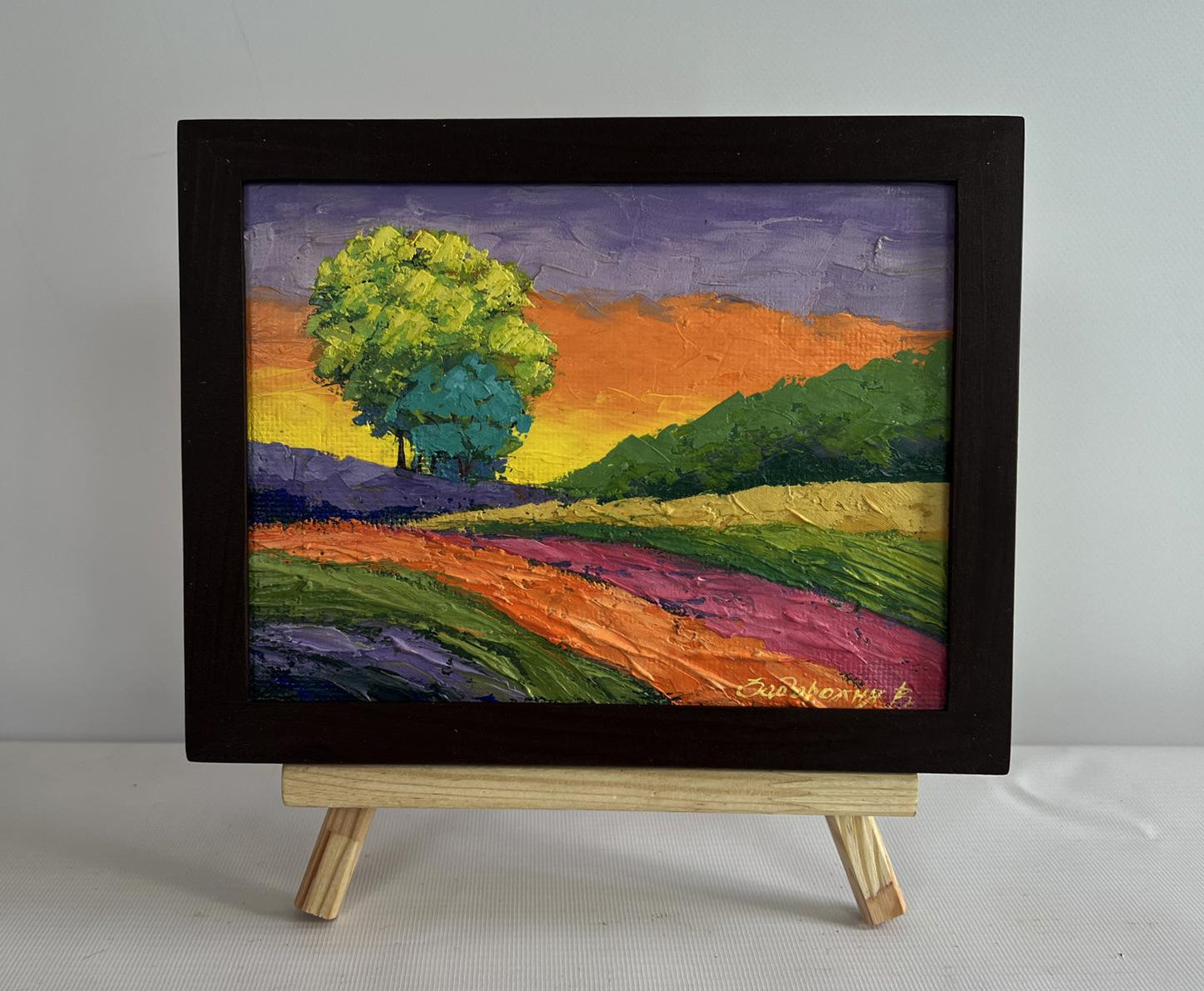 Oil painting Forest area with sunset by V. Zadorozhnya in black frame