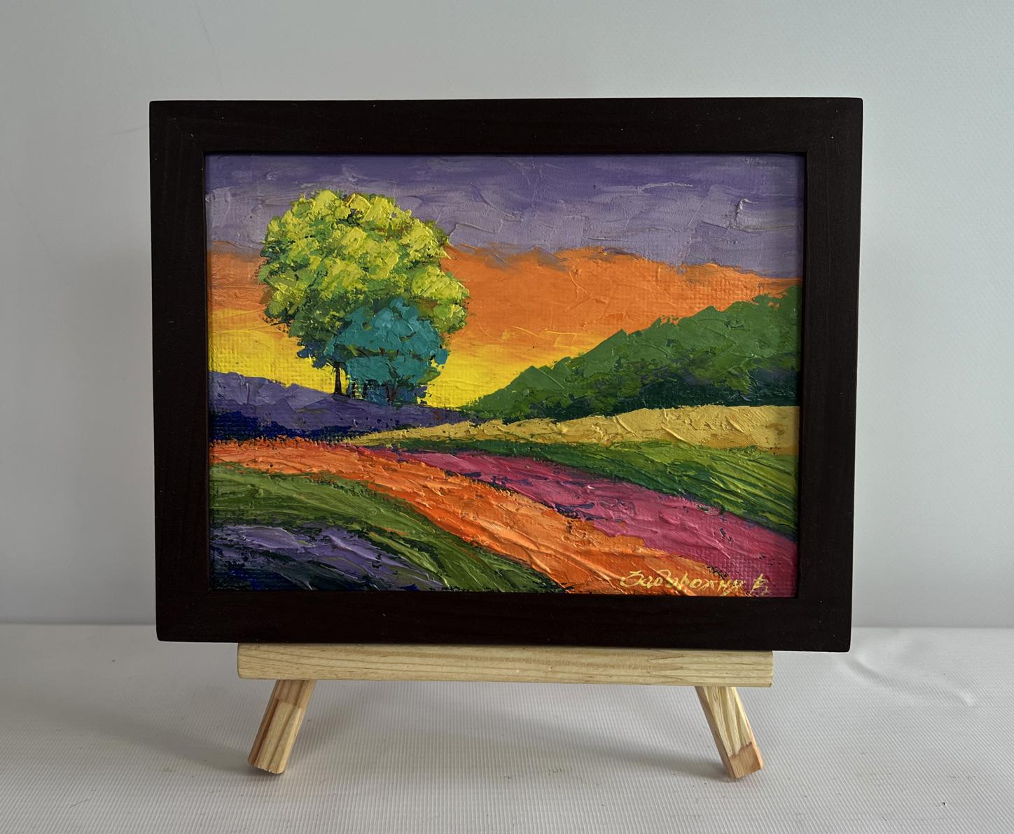 Oil painting Forest area with sunset by V. Zadorozhnya in black frame