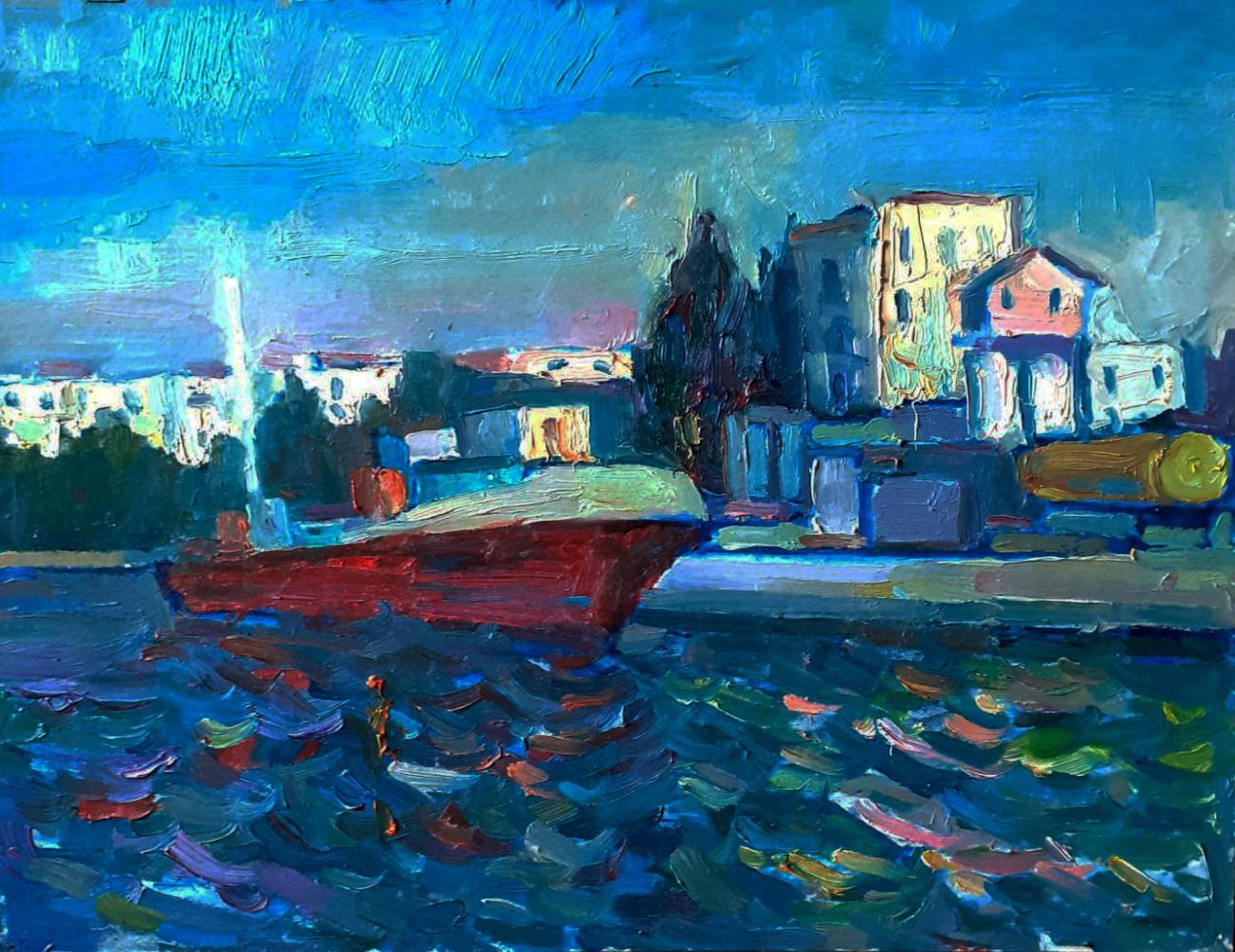 Oil painting of vibrant red barge on deep blue water by Pavel Dobrev