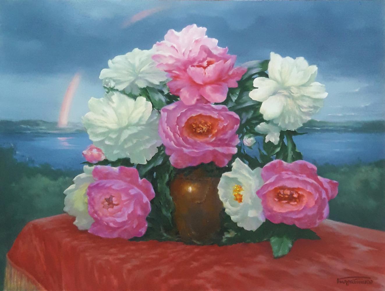 Oil painting Morning Peonies by Vasily Korkishko: pink and white peonies in brown vase