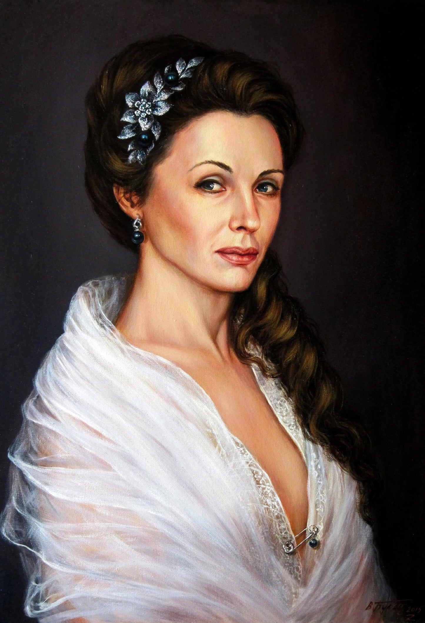 Silver floral hair accessory with black beads in Margarita Valeriy Bulat portrait updo