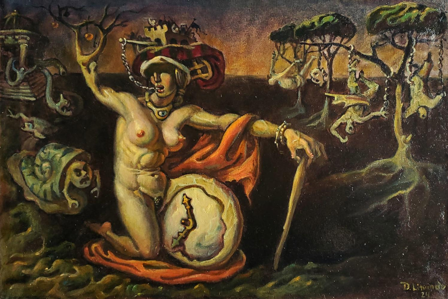 Oil painting Time of Vice by Daniil Litvinov: nude crowned figure with orange cloth