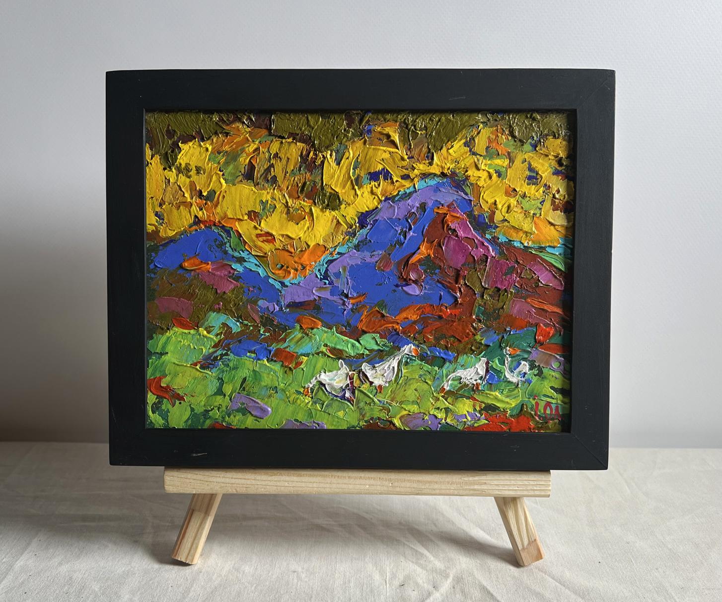 Oil painting Geese on the Hill by Oleksiy Ivanyuk in black frame