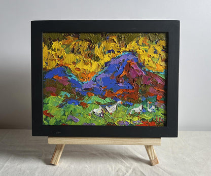 Oil painting Geese on the Hill by Oleksiy Ivanyuk in black frame