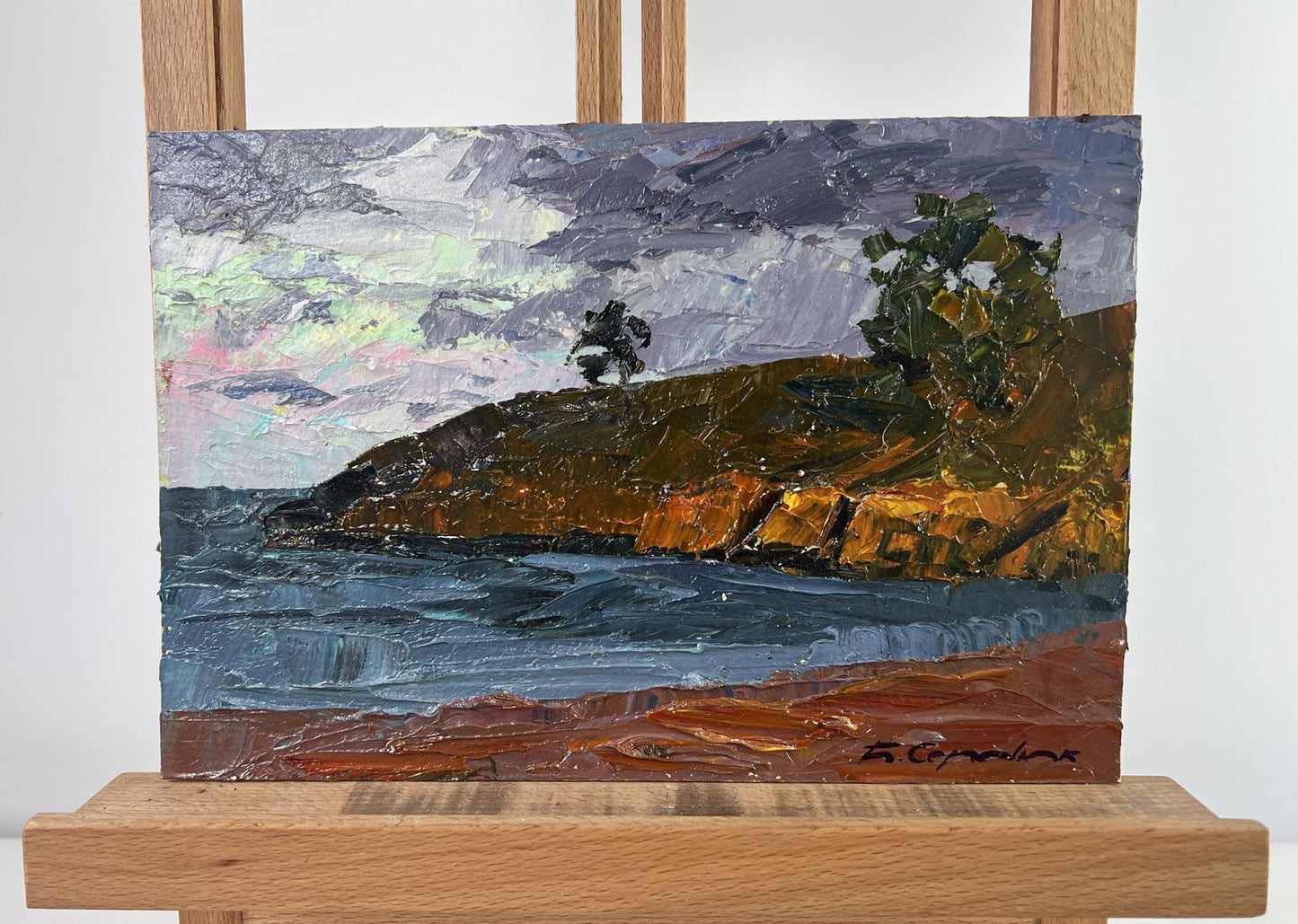 Oil painting The gray day is silent by Boris Serdyuk: coastal cliffs and sea