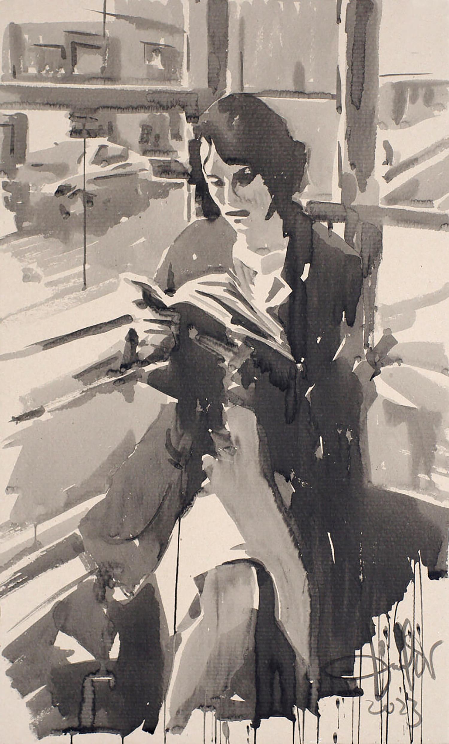 Monochromatic watercolor ink painting The Book by Dima Filatov