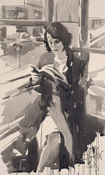 Monochromatic watercolor ink painting The Book by Dima Filatov
