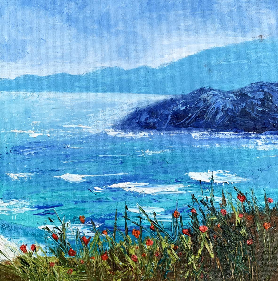 Oil painting Calm sea by Tatyana Derdey: blue waves, mountains, red flowers
