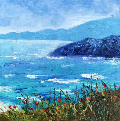 Oil painting Calm sea by Tatyana Derdey: blue waves, mountains, red flowers