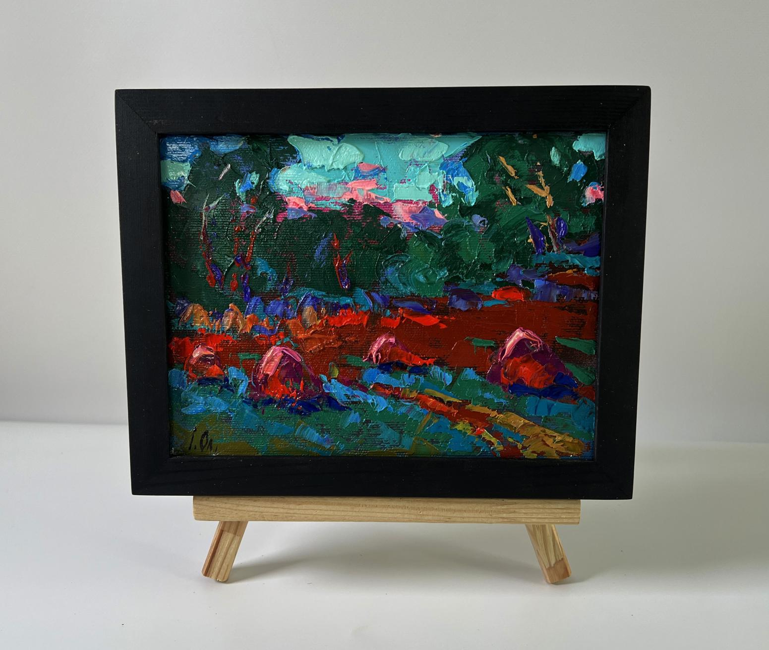 Oil painting In the evening in the fields by Oleksiy Ivanyuk in black frame