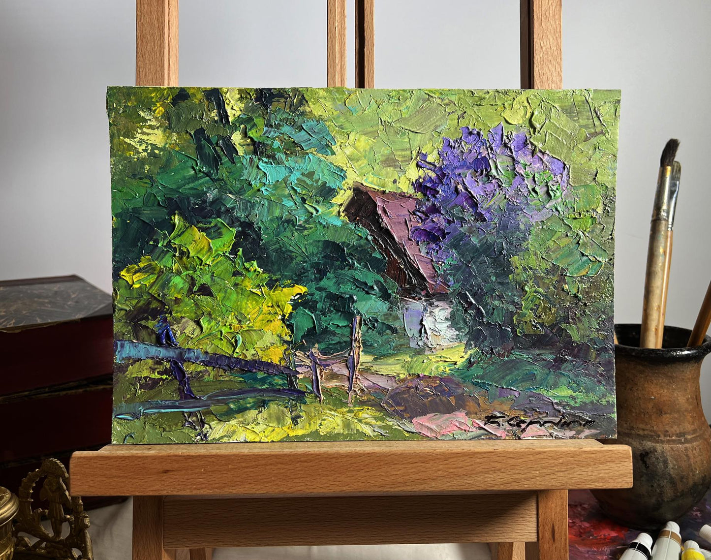 Oil painting Lilac bush in garden by Boris Serdyuk impasto canvas