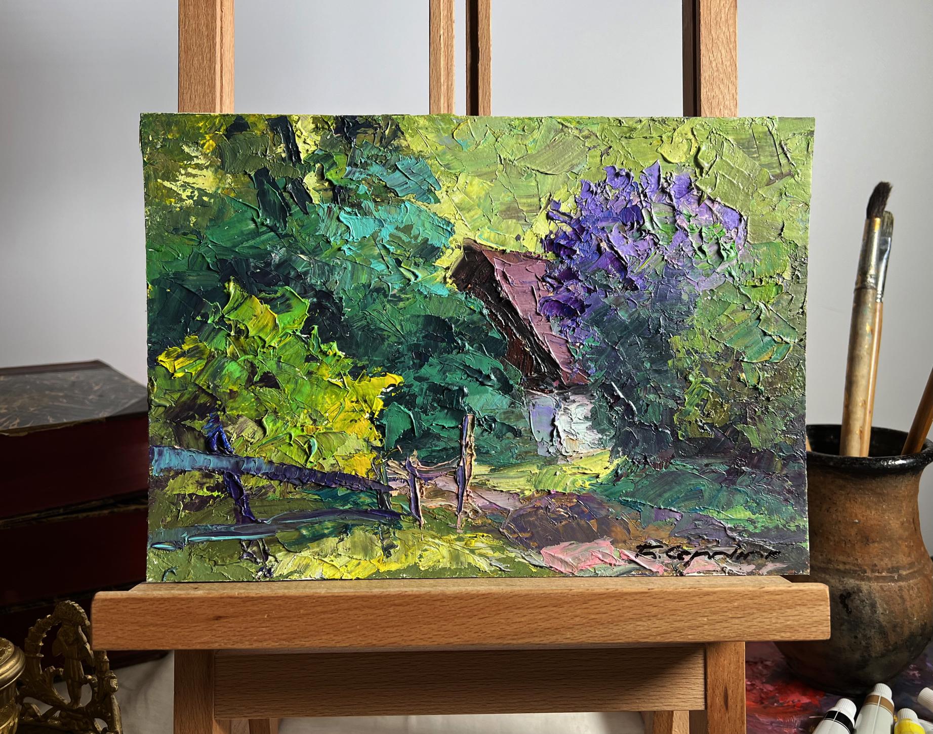 Oil painting Lilac bush in garden by Boris Serdyuk impasto canvas