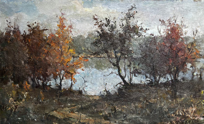 Oil painting of autumn lake with fiery orange trees by misty waterway