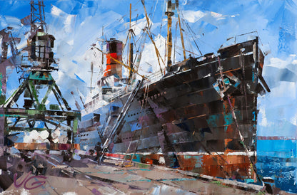 Oil painting by Volodymyr Gluhomanyuk: weathered cargo ship dockside with cranes