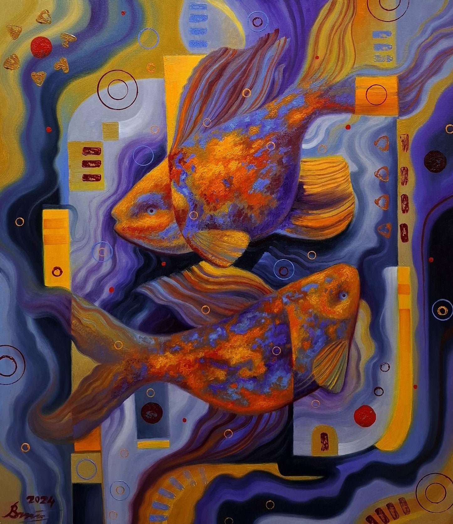 Vibrant orange and purple goldfish oil painting by Sergiy Voichenko