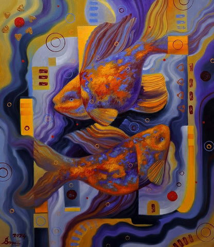 Vibrant orange and purple goldfish oil painting by Sergiy Voichenko
