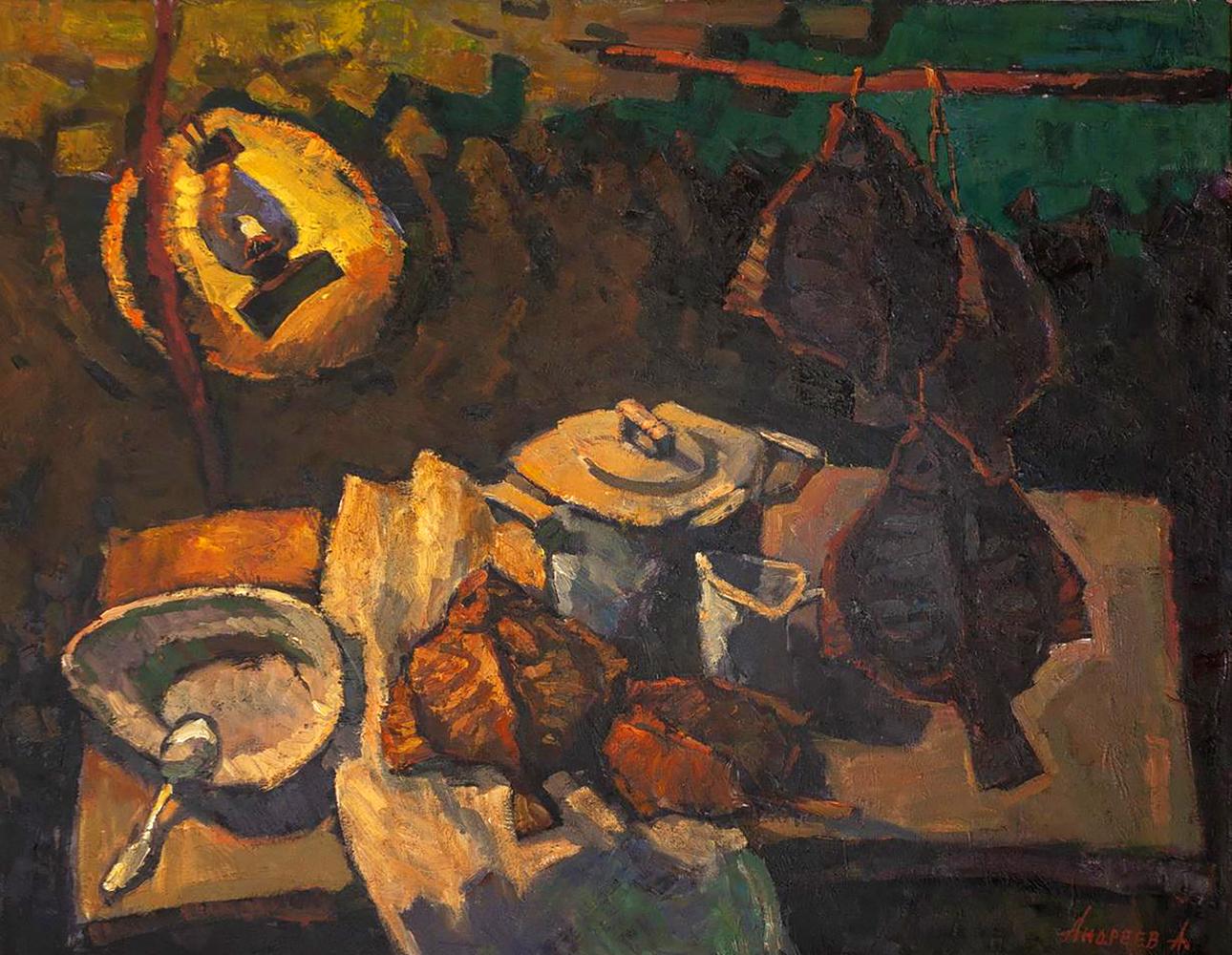 Oil painting Evening Still Life by Oleksandr Andreev with meats lantern