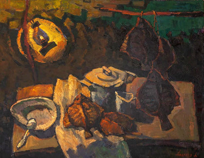 Oil painting Evening Still Life by Oleksandr Andreev with meats lantern