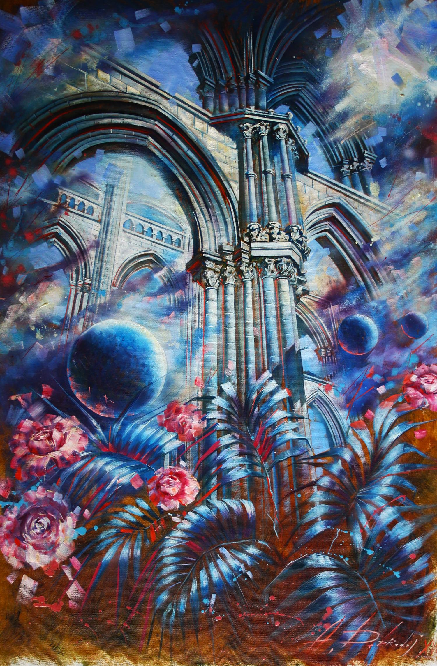 Surreal oil painting Parade of Planets by Alexander Dobrodiy, gothic cathedral with floating blue spheres