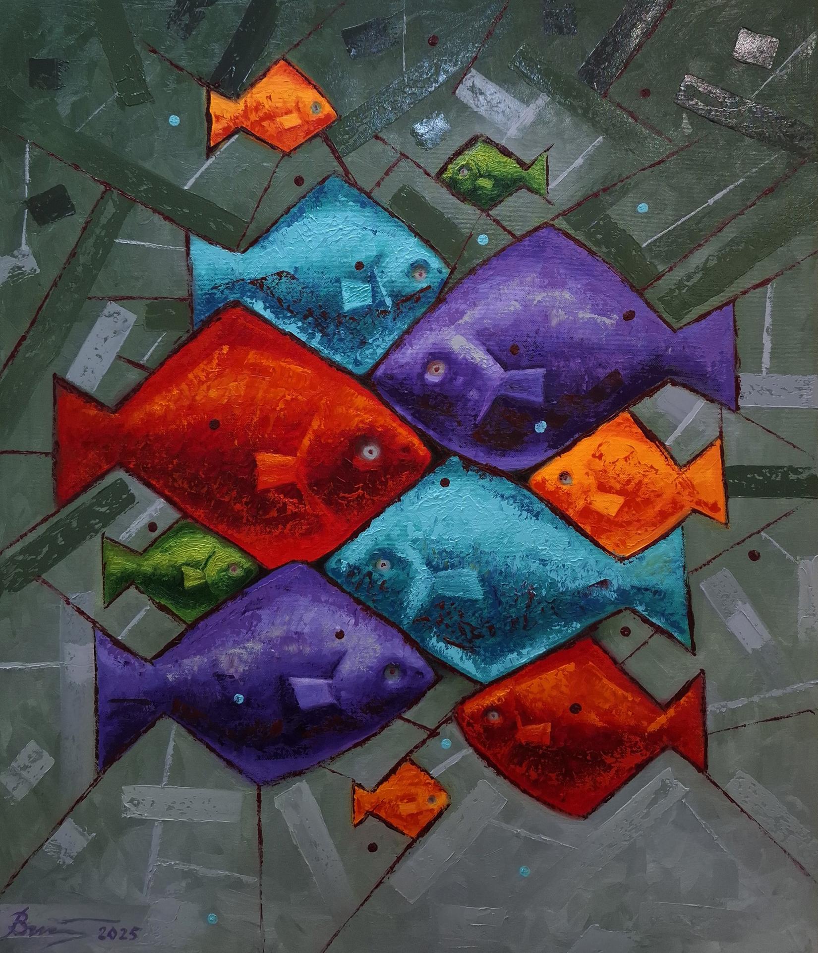 Vibrant abstract oil painting Eleven Brightly Colored Fish by Sergiy Voichenko