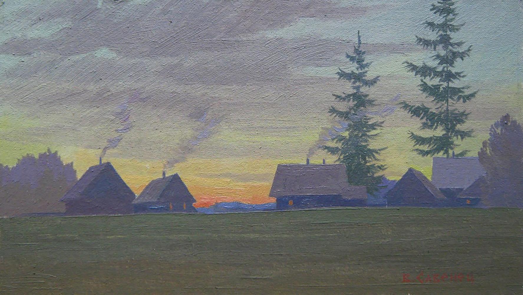 Oil painting Spring evening in village by Valery Savenets at dusk