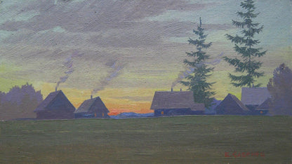 Oil painting Spring evening in village by Valery Savenets at dusk