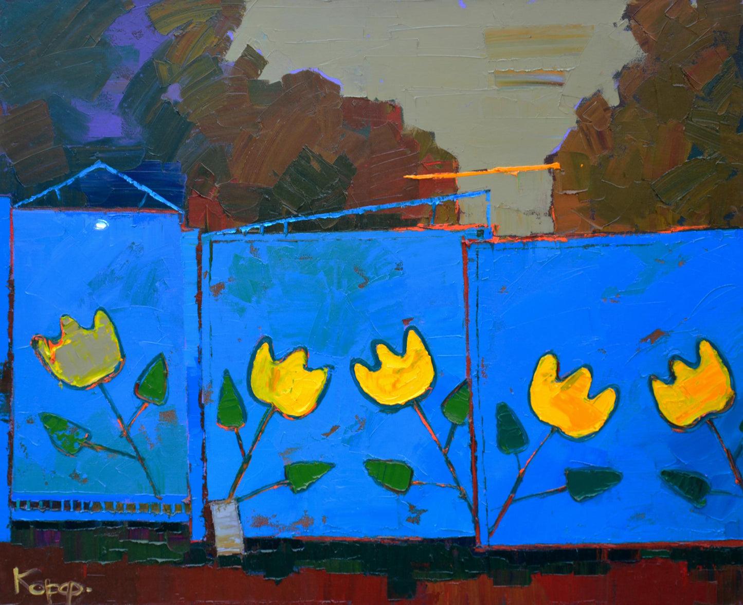 Oil painting of vibrant yellow tulips on blue village gates by Natalia Korf-Ivaniuk