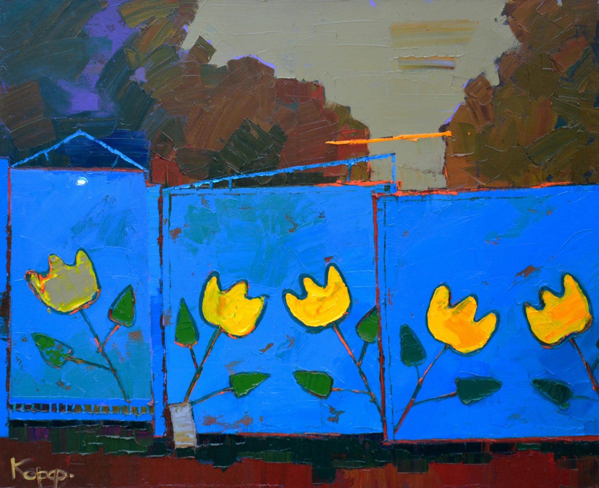 Oil painting of vibrant yellow tulips on blue village gates by Natalia Korf-Ivaniuk