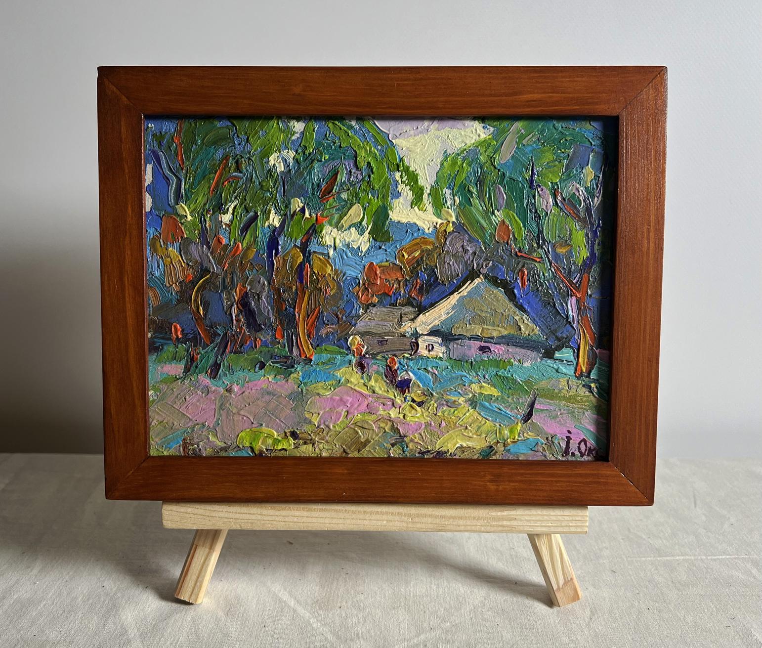 Oil painting Early morning in the village by Oksana Ivanyuk in wooden frame