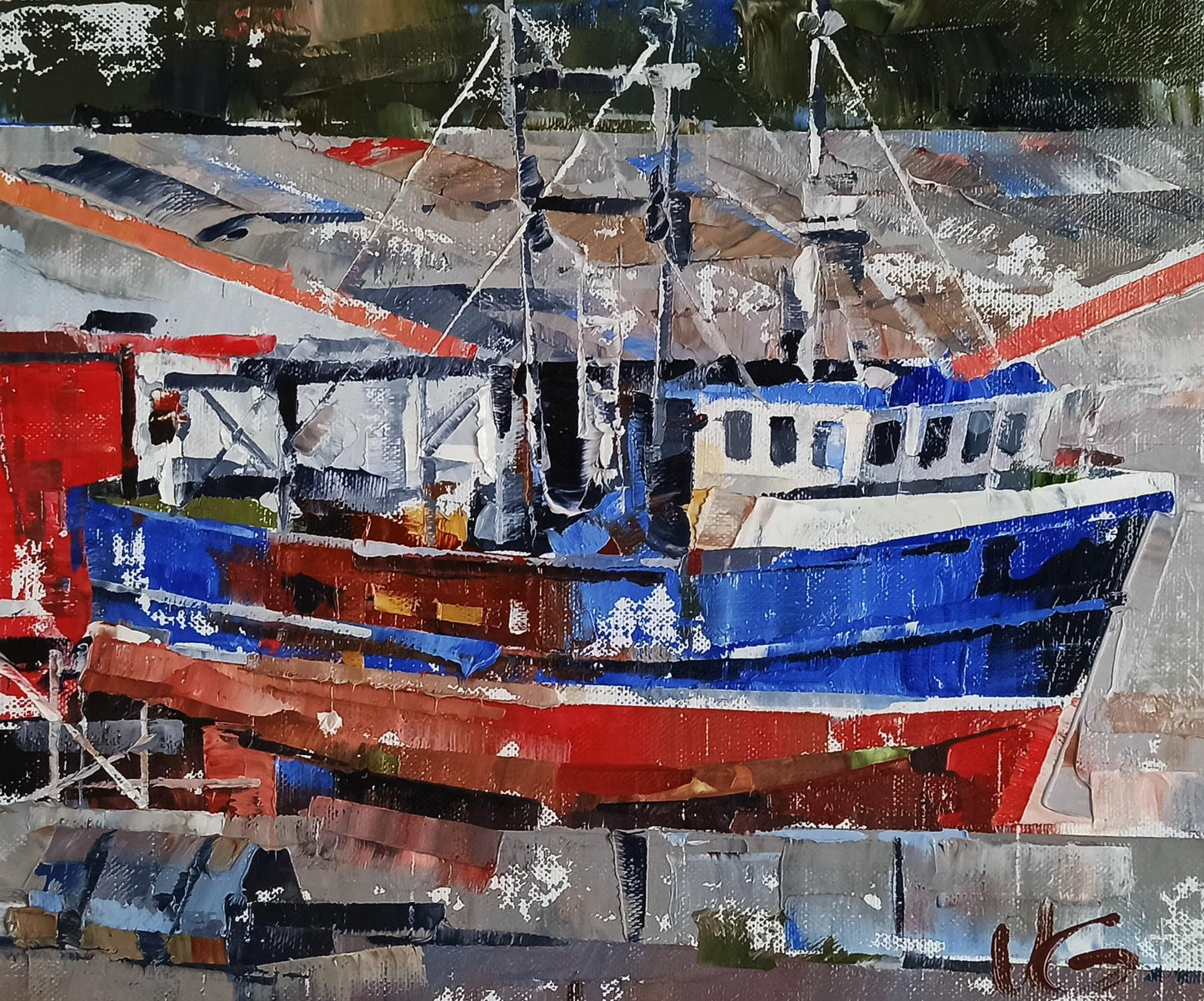 Oil painting of vibrant blue red boat in city port by Volodymyr Gluhomanyuk