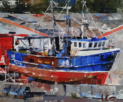 Oil painting of vibrant blue red boat in city port by Volodymyr Gluhomanyuk