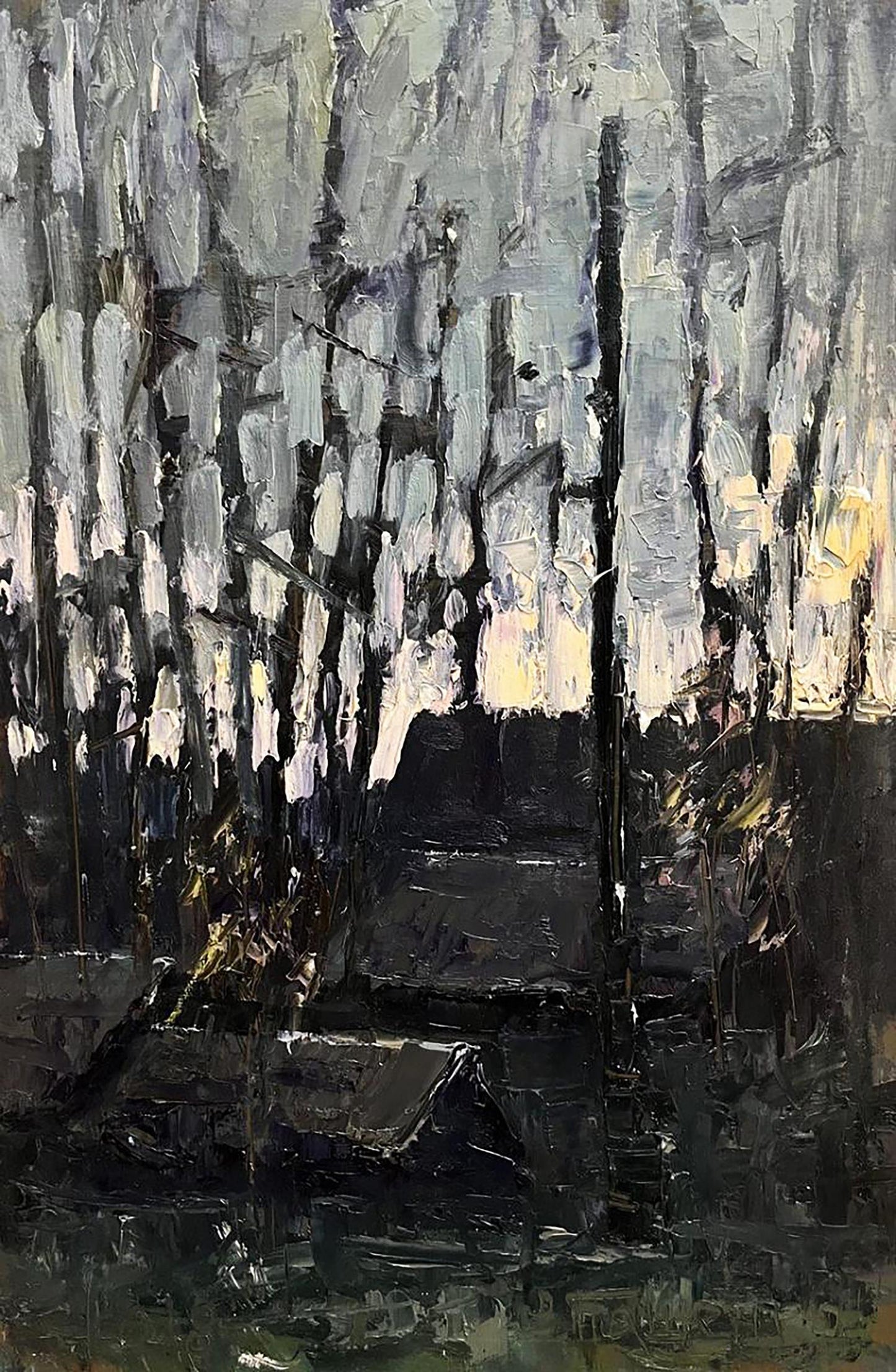 Oil painting Cold evening with hot tea by Volodymyr Pashchenko, abstract trees