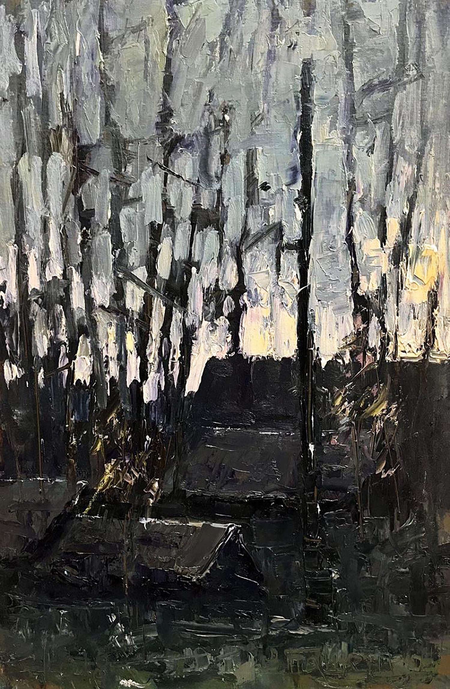 Oil painting Cold evening with hot tea by Volodymyr Pashchenko, abstract trees