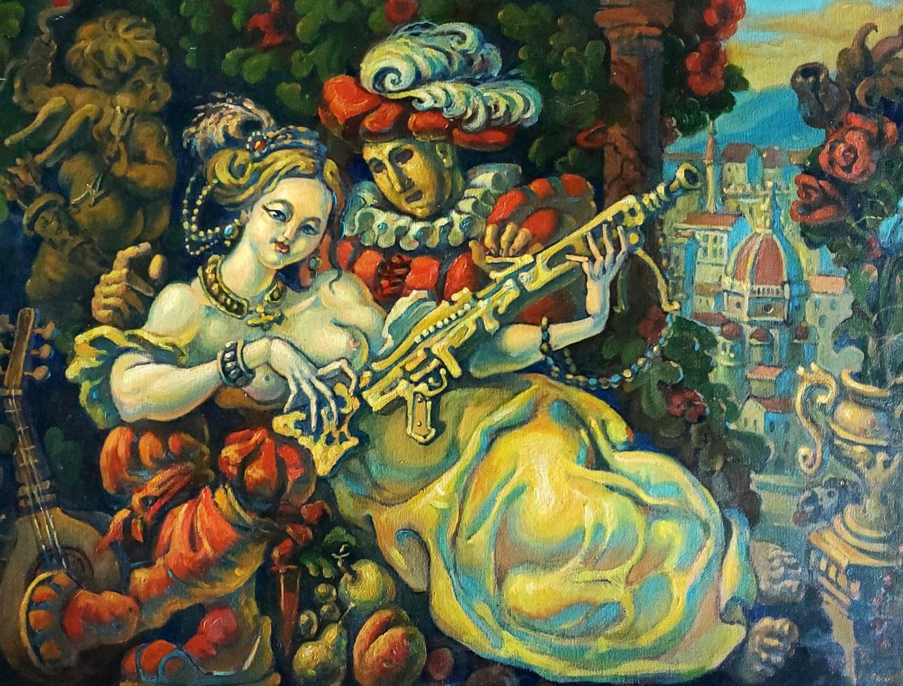 Oil painting of golden ornate flute by Florence Daniil Litvinov
