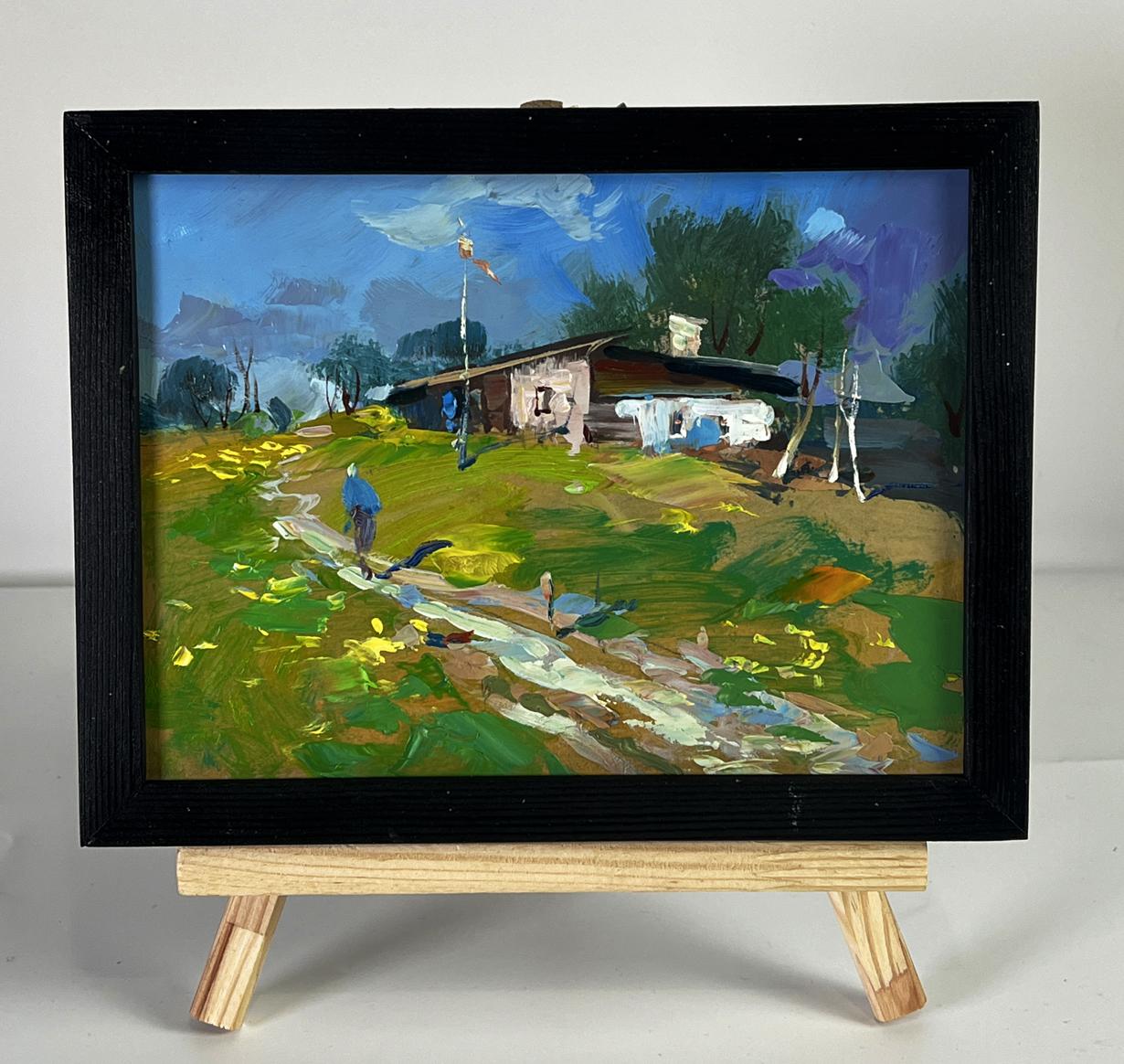 Black-framed oil painting The Way Home by Yuriy Suprunchuk, rustic countryside scene
