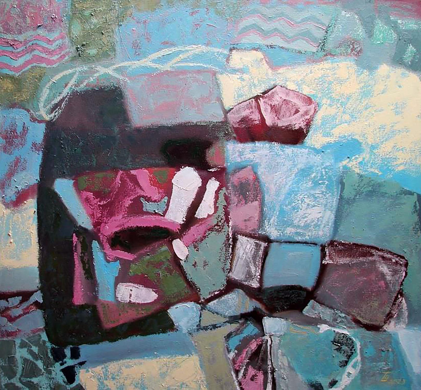 Oil painting Tender sea by Tatyana Shulyak with pink blue green blocks