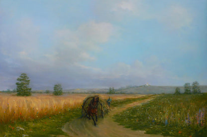 Oil painting by Vasily Korkishko: horse pulls cart in vast wheat fields