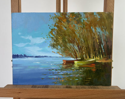 Vibrant oil painting Between Water and Trees by Yuriy Suprunchuk lakeside scene